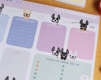 Happy Frenchies Weekly Planner Pad, Weekly Notepad, Frenchie Bulldog Notepad, Dog Calendar Pad, Dog Weekly Planner, Frenchie Habit Tracker