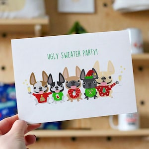 BOX SET VON 12 Ugly Sweater Party Weihnachtskarten, Frenchie Weihnachtskarten, süße Weihnachtskarten, Weihnachtskarten, hässliche Sweater Party, Hunde