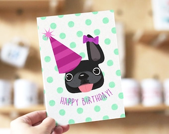 Polka Dots French Bulldog Birthday Greeting Card, Frenchie Birthday Card, Dog Birthday Card, Dog mom card, Cute dog birthday greeting card