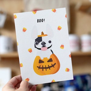 Französische Bulldogge BOO Halloween Karte - Frenchie Halloween - Hunde Halloween Geschenke - Halloween Party Gastgeschenke - Hund Kürbis - Halloween Dekor