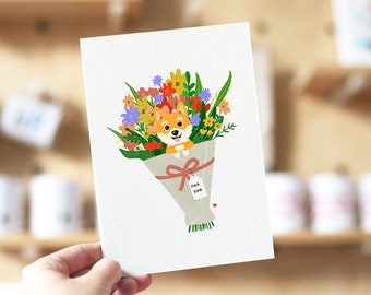 Shiba Inu Bouquet Card, Shiba Card, Dog Card, Dog Mother's Day Card, Cute Shiba Inu Card, Dog thank you card, Dog mom card, Shiba Mom cards