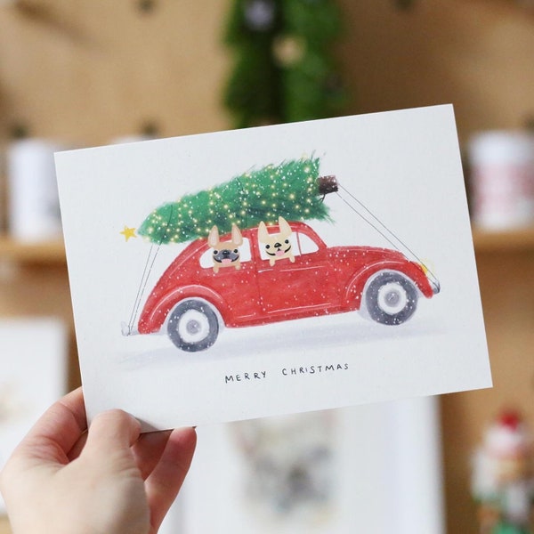 Holiday Buggy French Bulldog BW beetle Christmas card, Handmade French Bulldog Holiday Greeting Card, Dog Christmas Card, Frenchie Christmas
