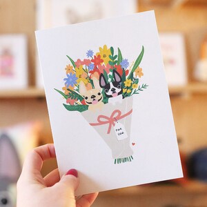 Buquê de Frenchie, DOIS Frenchies, Cartão de Bulldog Francês, Cartão de Dia dos Namorados de Bulldog Francês, Cartão de Frenchie, Cartão de cachorro, Mãe de cachorro, Cartão floral