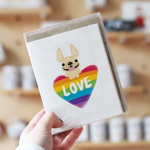Liebe ist Liebe Note Karten, Box-Set von 12, stolze Liebe Karten, süße Notizkarten, Hund Note Karte Set, Herz-Karten, leere Karten, Französisch Bulldogkarten