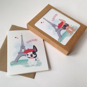Cartões de nota de buldogue francês PERSONALIZADOS, conjunto Bonjour/Merci de 12 cartas da Torre Eiffel, papelaria de buldogue francês, cartões de nota de Frenchie, cartões de Paris