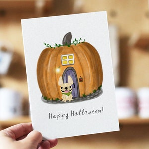 Französische Bulldogge Halloween Karte, Kürbishaus, Frenchie Halloween, Hund Halloween Geschenke, Halloween Party Gastgeschenke, Französische Bulldogge Kürbis Karte