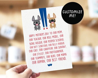Mother's Day "Mom Servant" TWO dogs, French Bulldog Greeting Card, Frenchie Mom, Frenchie Mother's Day, Dog Mom Card, Dog Mother's Day Card