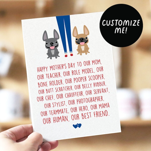 Mother's Day "Mom Servant" TWO dogs, French Bulldog Greeting Card, Frenchie Mom, Frenchie Mother's Day, Dog Mom Card, Dog Mother's Day Card