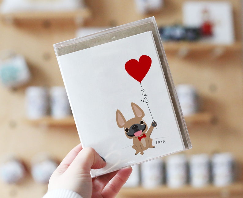 French Bulldog Note Cards, Box set of 12, Love Balloon, cute note cards, Dog note card set, love note, blank cards, French Bulldog Card image 1