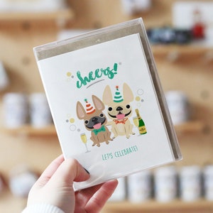 CUSTOM Französisch Bulldogge Note Karten, Box-Set von 12, Cheers!, Frenchie Note Karten, Geburtstagskarten, süße Hund Notizkarten, Feier Karten