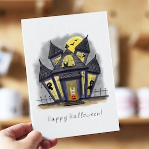 Französische Bulldogge Halloween Karte, Gruselige Villa Karte, Frenchie Halloween, Hund Halloween Geschenke, Gruselige Halloween Karte, Hund Halloween Karte