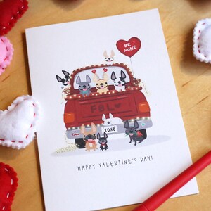 Rote Lkw-Party, Valentinstag-Karte, französische Bulldogge Karte, Frenchie Valentine, Hund Karte, Hund Valentinstag, Französisch Bulldogge Valentine