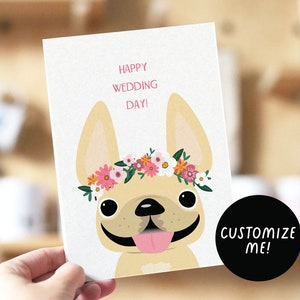 Gelukkige trouwdag, Frenchie trouwkaart, hond trouwkaart, trouwkaart voor hondenliefhebbers, Franse bulldog trouwkaarten, huwelijksgeschenken hond moeder