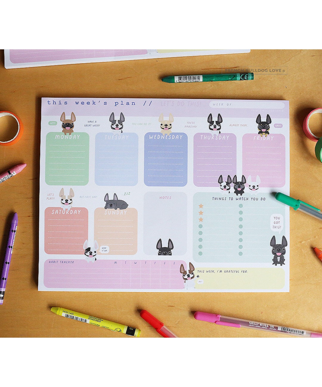 Happy Frenchies Weekly Planner Pad, Weekly Notepad, Frenchie Bulldog