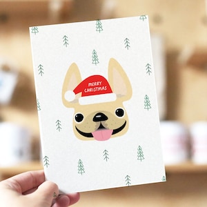 Nordische Bäume, Französische Bulldogge Weihnachtskarte, Frenchie Weihnachtskarte, Hund Weihnachtskarte, Süße Weihnachtskarten, Nordische Weihnachtskarte