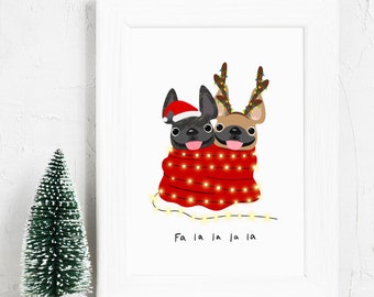 CUSTOM French Bulldog Art Print - Holiday Snuggles Christmas Print 2 dogs - Custom Holiday Dog Print - Pick Your Frenchie Color - Dog Xmas