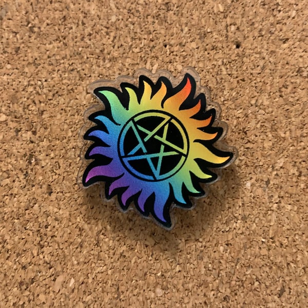 Rainbow Anti-Possession Symbol with Black Outline Acrylic Pin, Supernatural, Dean Winchester, Castiel, Sam Winchester, Jack Kline