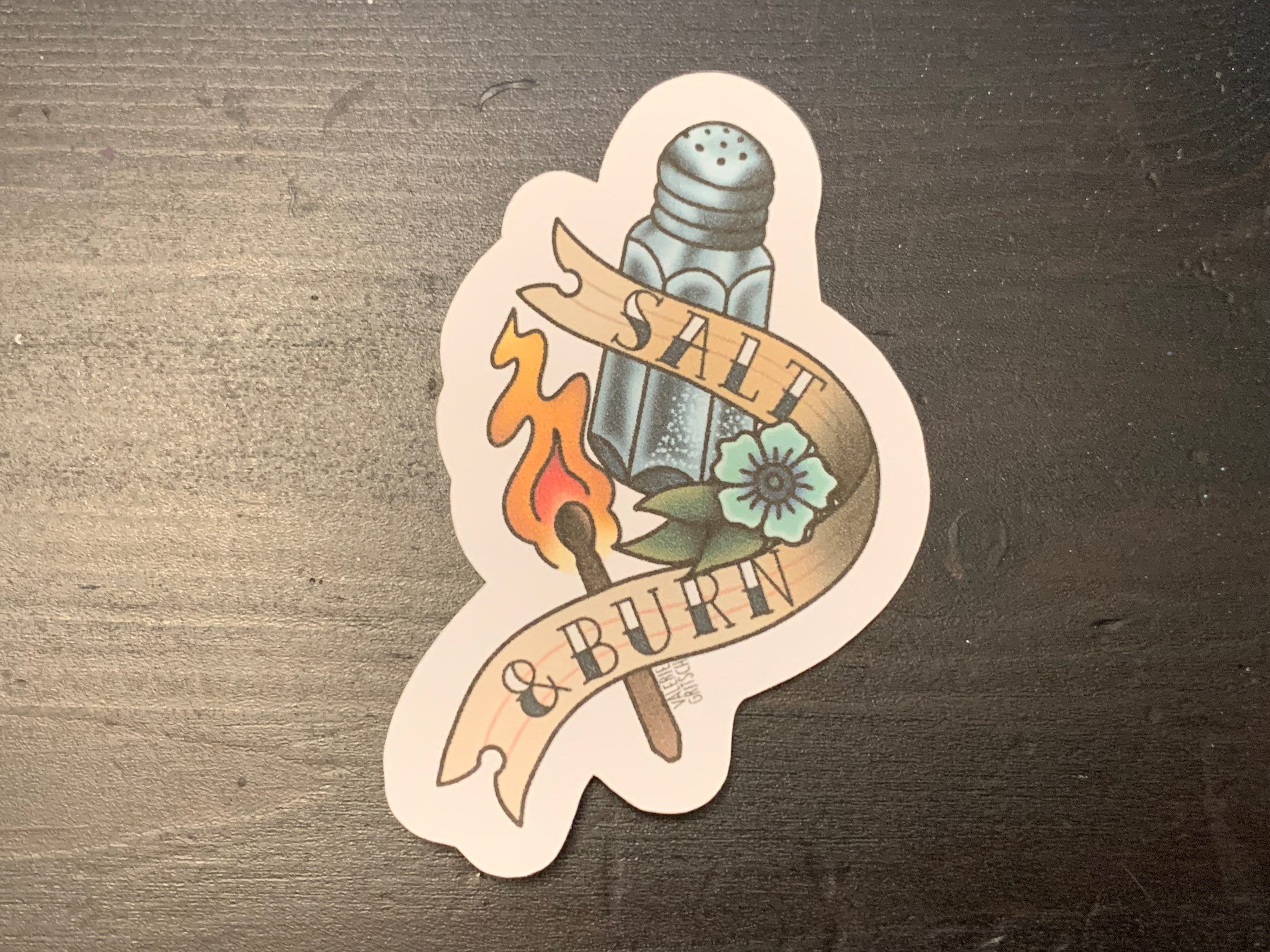 Salt and Burn Traditional Tattoo Style Sticker, Supernatural Inspired Stickers, Salt Shaker, Lit Match, Sam and Dean Winchester, Castiel