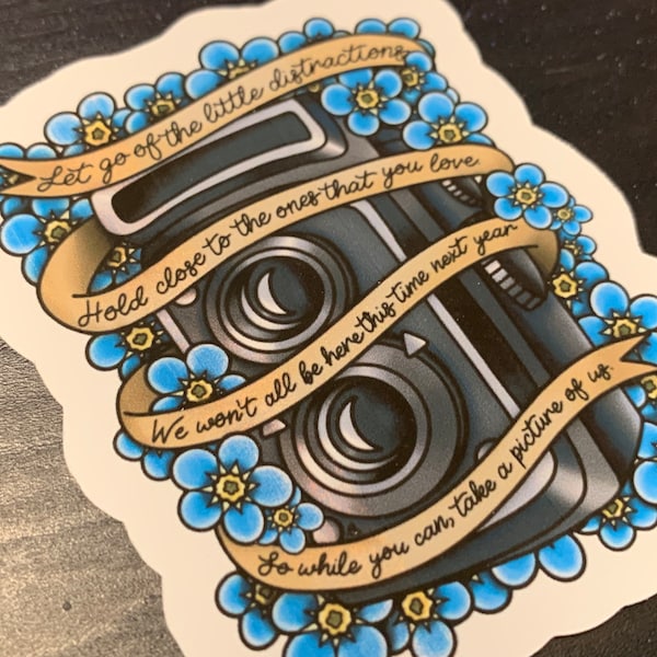 Vintage TLR Camera Traditional Tattoo Style Art Sticker, Twin Lens Reflex, Forget-Me-Nots