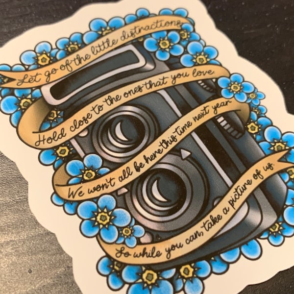 Vintage TLR cámara tradicional estilo tatuaje Art sticker, reflejo de doble lente, nomeolvides