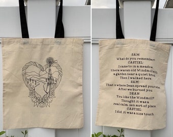 Castiel's Zen Place Traditional Tattoo Style Tote Bag, Supernatural Inspired Totebag, Dean, Sam, Castiel, Destiel, Deleted Script Scene