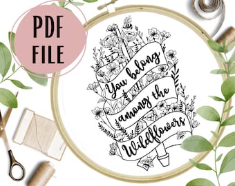 Castiel Belongs Among The Wildflowers with Angel Blade Hand Embroidery Pattern, PDF, Design, Template