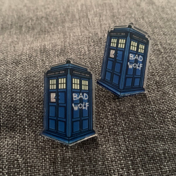 Bad Wolf Phone Box Acrylic Pin, Doctor Who inspired, time and relative dimension in space