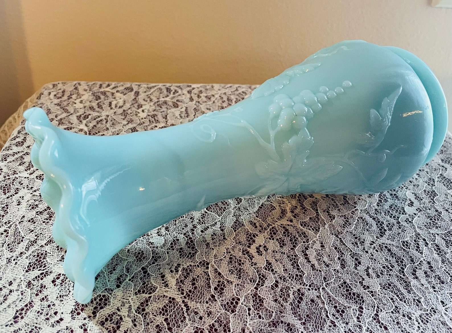 Vintage Rare Blue Milk Glass Vase Leaf Wine Scalloped Rim. Etsy