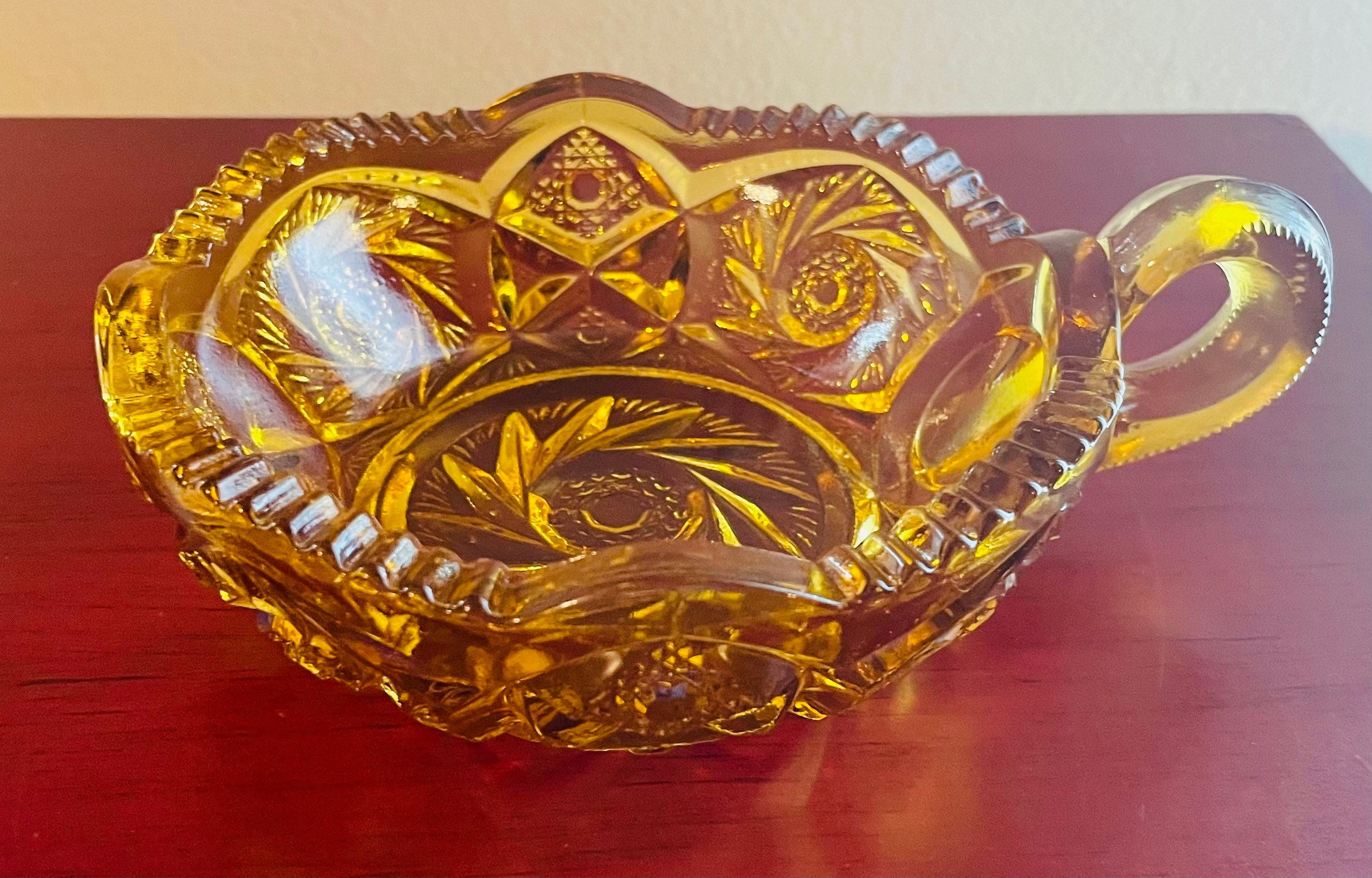 Vintage Cut Glass Serving Bowl With Handle Sunflower Pattern Etsy UK