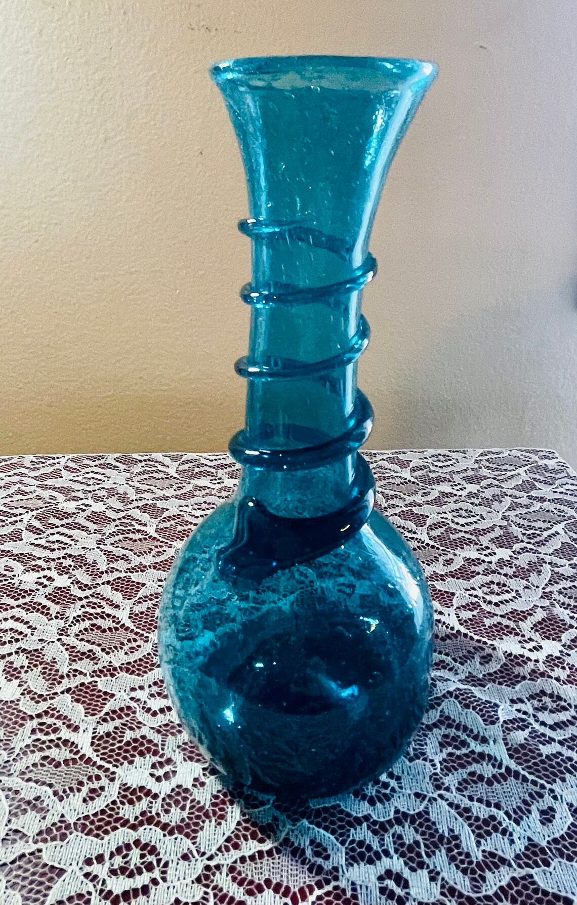 Vintage Blemko Blue Crackle Glass Vase With Applied Dark Blue Etsy