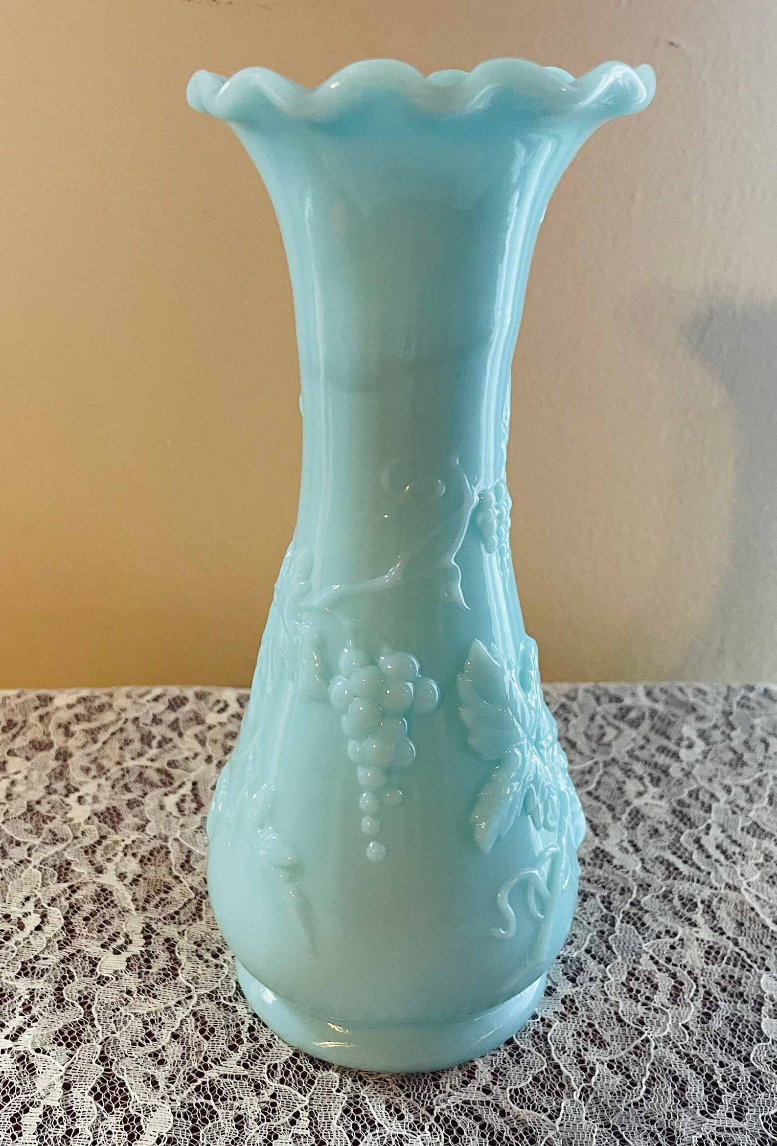 Vintage Rare Blue Milk Glass Vase Leaf Wine Scalloped Rim. Etsy