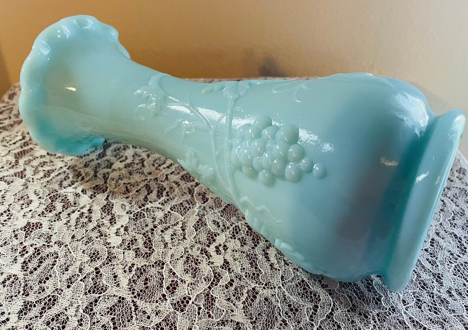 Vintage Rare Blue Milk Glass Vase Leaf Wine Scalloped Rim. Etsy