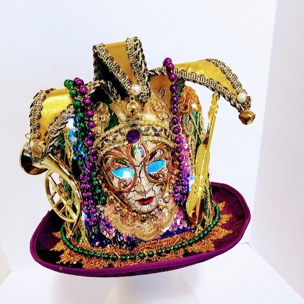 Lighted Mardi Gras Top Hat -  Masquerade  Hat - Lighted Jester -  Lighted Party  Hat - Purple  Green Yellow Gold Hat -- Lights Up