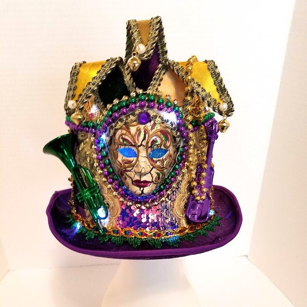 Lighted Mardi Gras Top Hat -  Masquerade  Hat - Lighted Jester -  Lighted Party  Hat - Purple  Green Yellow Gold Hat -- Lights Up