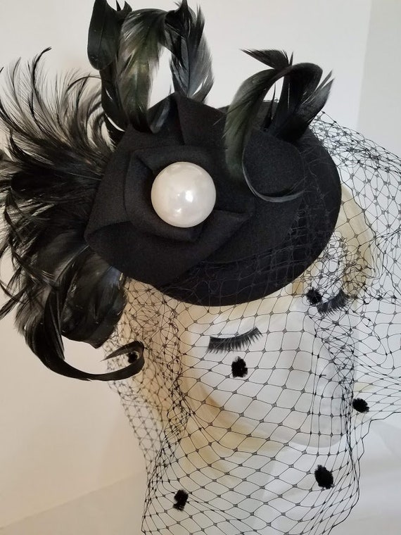 Black Pillbox Hat with Over Sized Pearl Pill box Hat Etsy