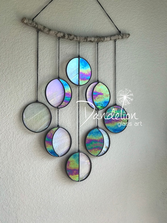 Stained Glass Moon Phase Wall Deco Clear and Rainbow Hanging Iridized Phase P6Z7