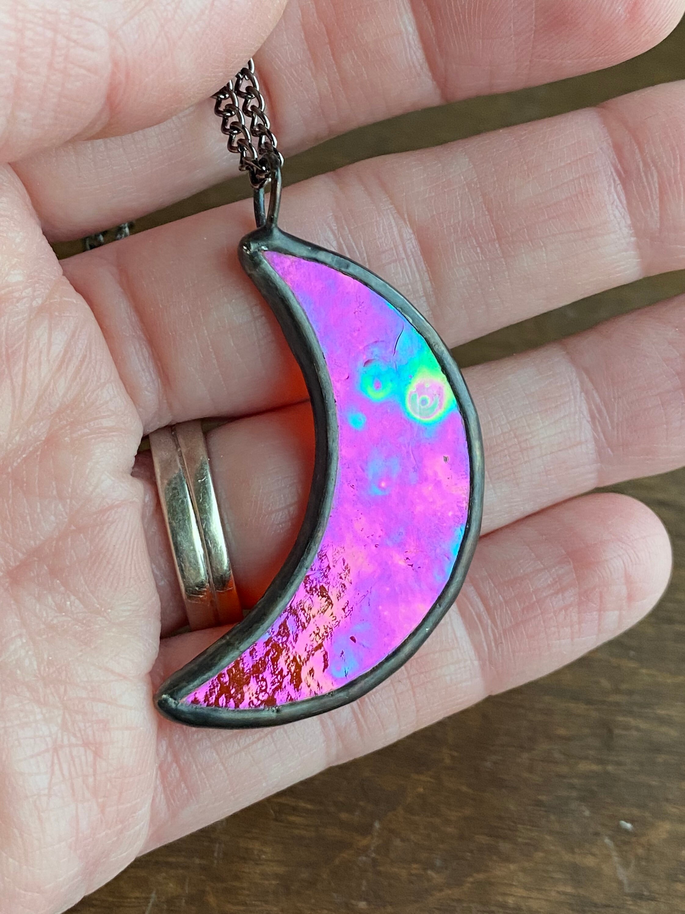 Large Iridescent Crescent Moon Necklace // Moon Necklace // Etsy