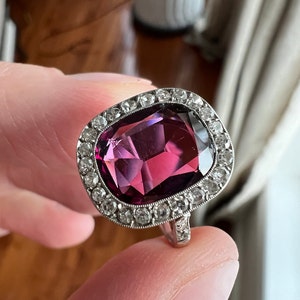 Art Deco Platinum 3.5ct Rhodolite Garnet and Old European Cut Diamond Ring