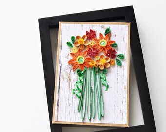 Paper Quilling Bouquet Flower Card | Red Orange Yellow Floral Card | Quilled Greeting Card | Wall Art | BCH025