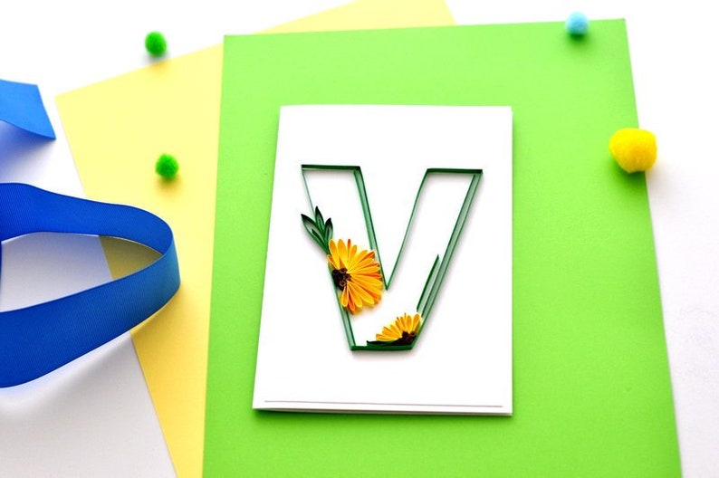 Paper Quilling Letter V Quilled Wall Art Sunflower Card Etsy Australia