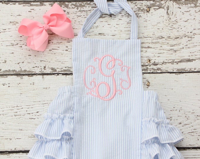 Blue Seersucker Pleated Front Bubble by Rosalina Baby