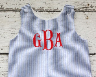 Monogrammed Navy Seersucker Jon Jon, Navy and Red Shortall, First Birthday Jon Jon