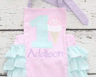 First Birthday Ruffle Bubble, Ice Cream Cone Monogrammed Romper, Pink and Mint Seersucker Outfit