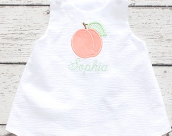 Peach Birthday Dress, Monogrammed Seersucker Dress, White Seersucker Birthday Outfit