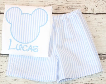 Monogrammed Mickey Shorts Set, Blue Seersucker Mickey Outfit, Disney Monogrammed Mickey Shirt