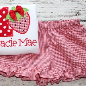 Strawberry Short Set, Monogrammed Strawberry Shirt, Ruffle Shorts, Strawberry Birthday Outfit