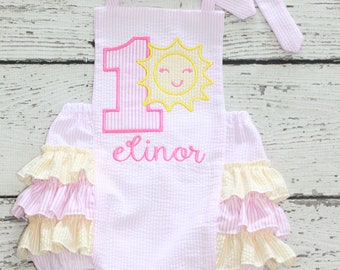 You are my Sunshine Birthday Outfit, First Birthday Ruffle Bubble, Yellow and Pink Seersucker Ruffle Bubble, FIrst Birthday Sunshine Bubble