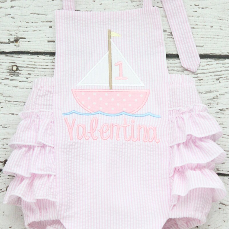 Baby Seersucker Romper with Sailboat Embroidery main image 1