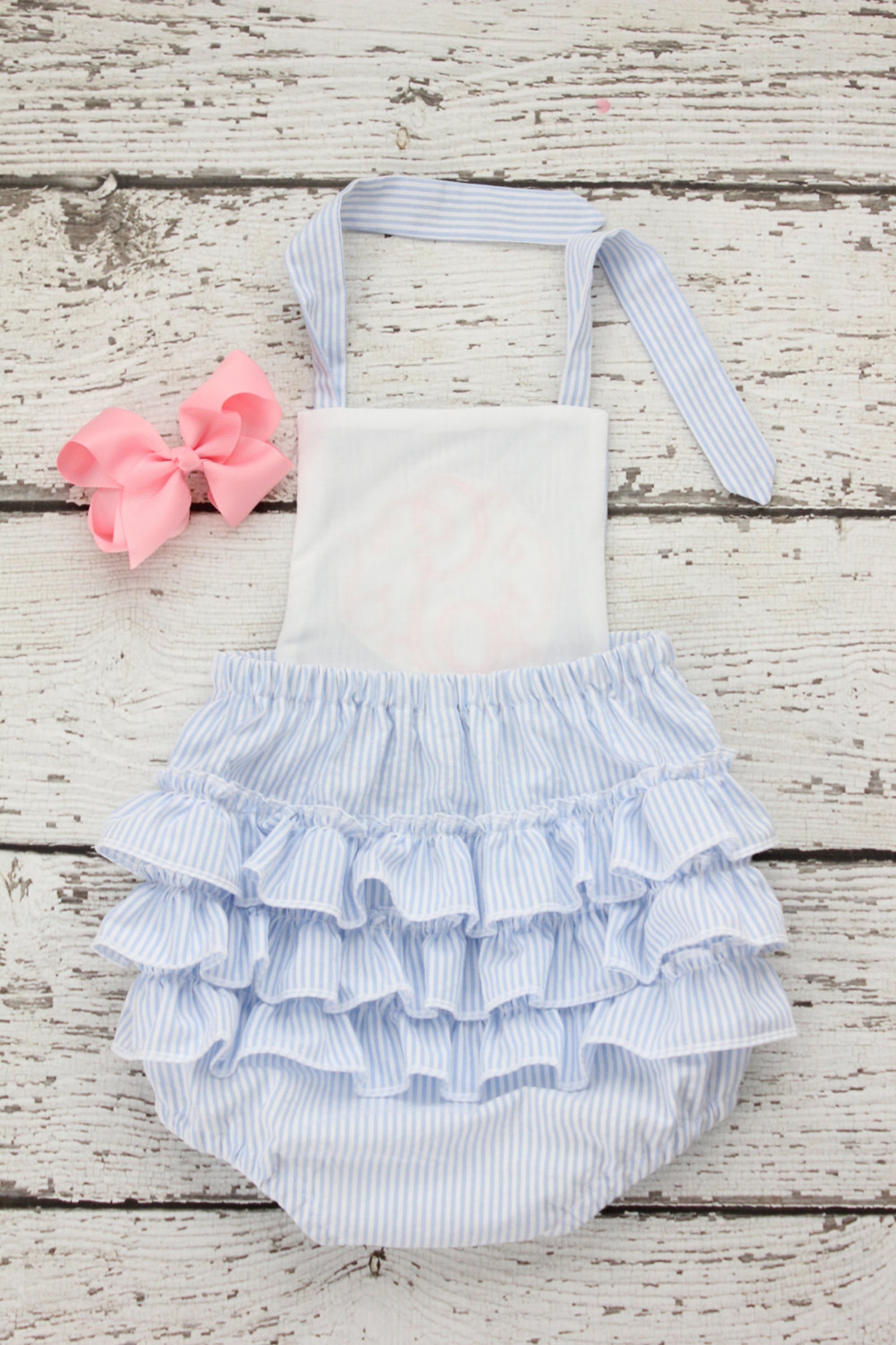Lt Blue Seersucker Stripe, Short Infant Bubble
