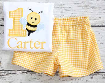 Bumble Bee Monogrammed Shorts Set, First Birthday Bee Outfit, Bee Jon Jon, Twins Bee Birthday